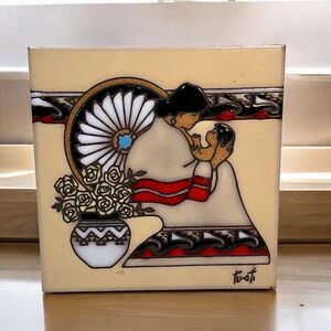Earthtones Vintage 1990 Ceramic Art Tile Trivet Mother and Child 6X6 Inches